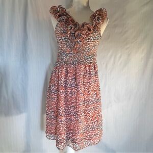 Janet Paris Dress BoHo Orange Gray Ruffle V Neck & Shoulders Elastic Waist M